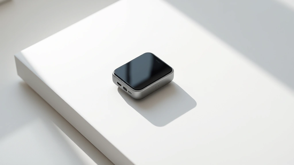 Close-up product photography of sleek modern gadget on minimalist white surface with subtle shadows, professional lighting highlighting premium materials and design details