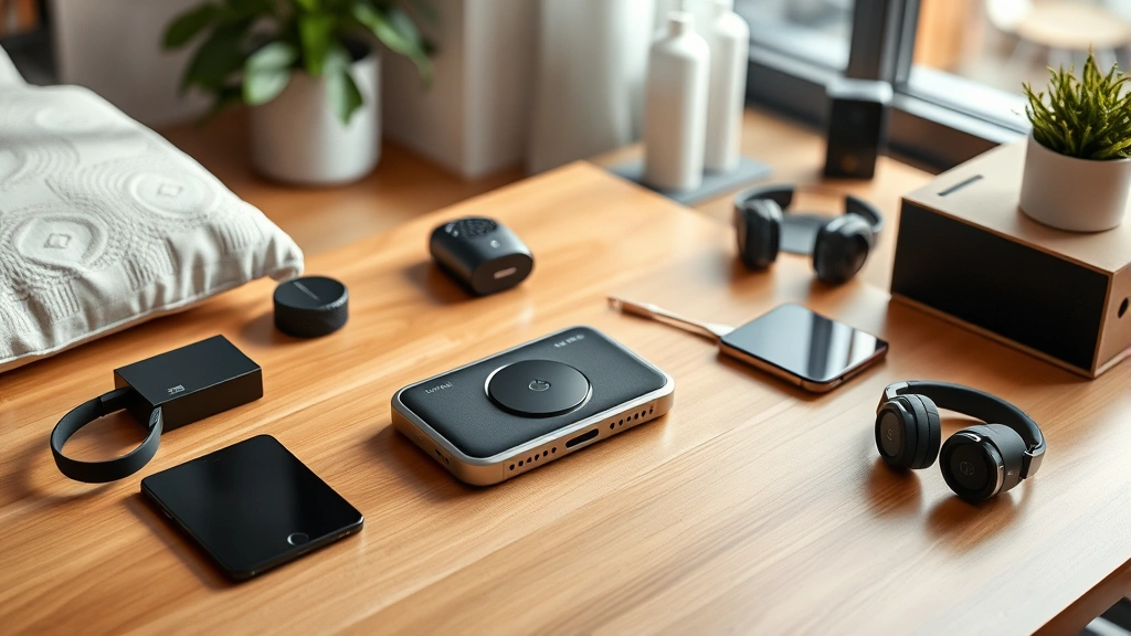Flat-lay lifestyle photography of gadget surrounded by complementary tech accessories, showing real-world usage context in modern home environment with natural warm lighting