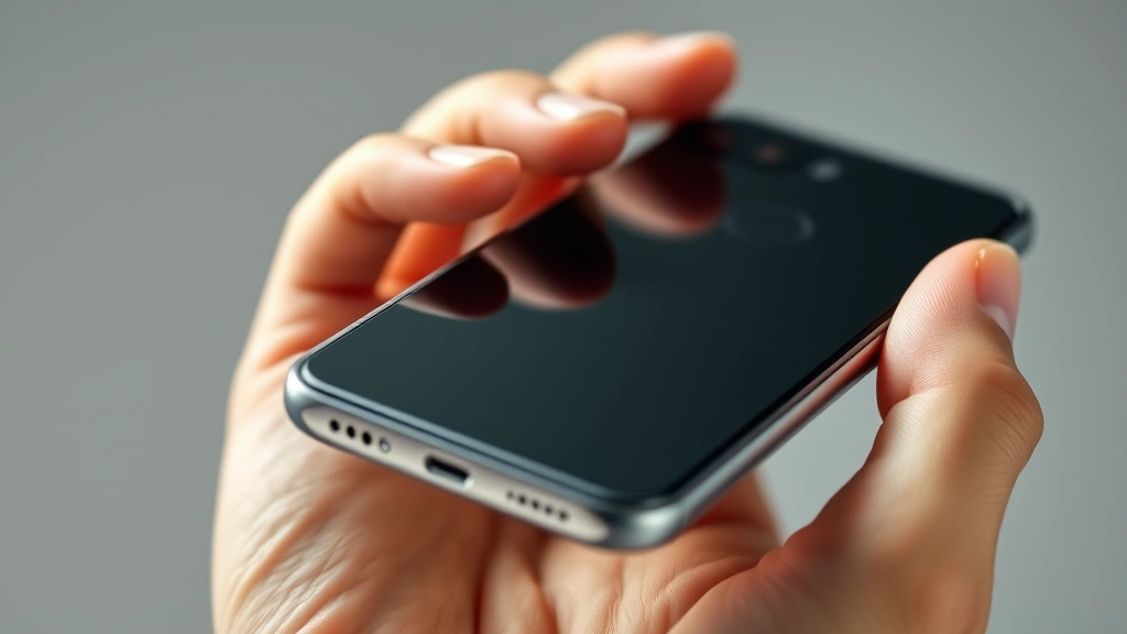 Close-up of hands holding a premium smartphone, showing sleek design, metal frame, and matte finish texture in studio lighting