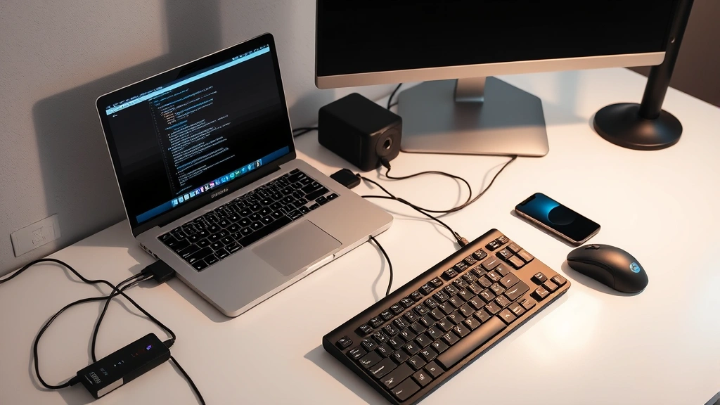 Tech workspace setup with multiple devices connected: laptop, monitor, keyboard, mouse, and smartphone on clean desk with cable management