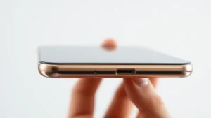 Close-up of high-end smartphone with premium metal frame and glass back, held in hand showing build quality and design details, soft studio lighting