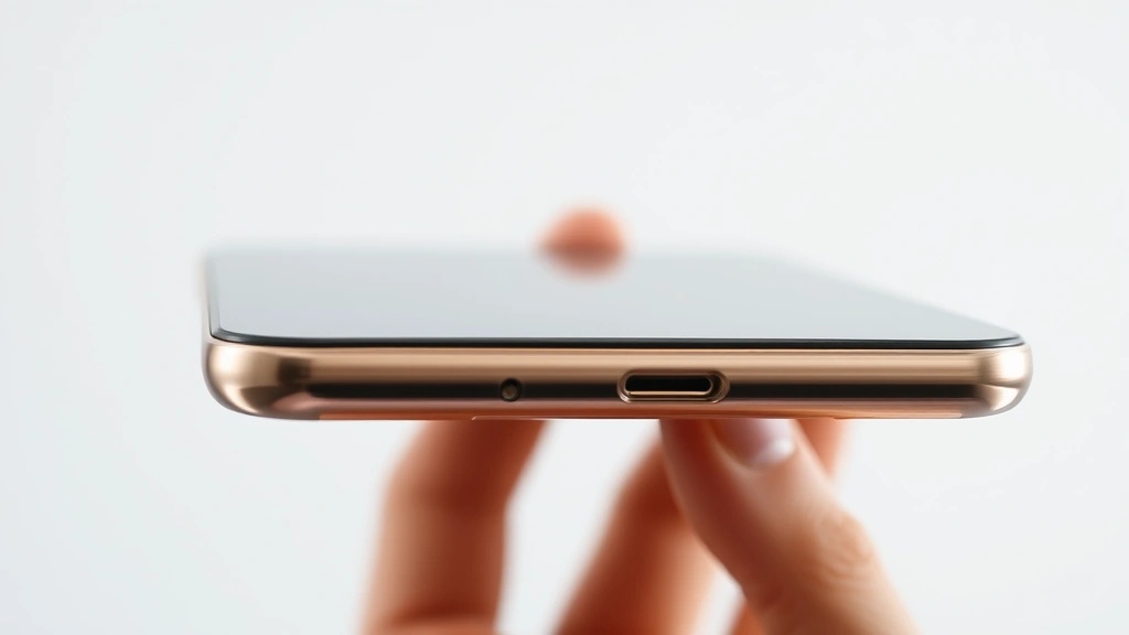 Close-up of high-end smartphone with premium metal frame and glass back, held in hand showing build quality and design details, soft studio lighting