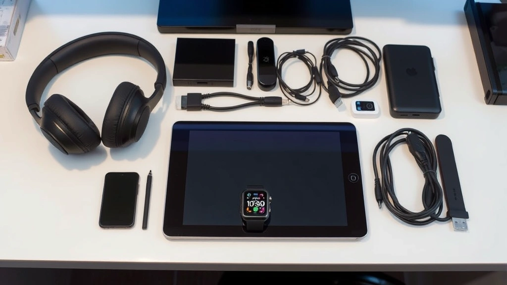 Collection of various tech gadgets arranged on desk including headphones, tablet, smartwatch, and cables, showing ecosystem compatibility and device relationships