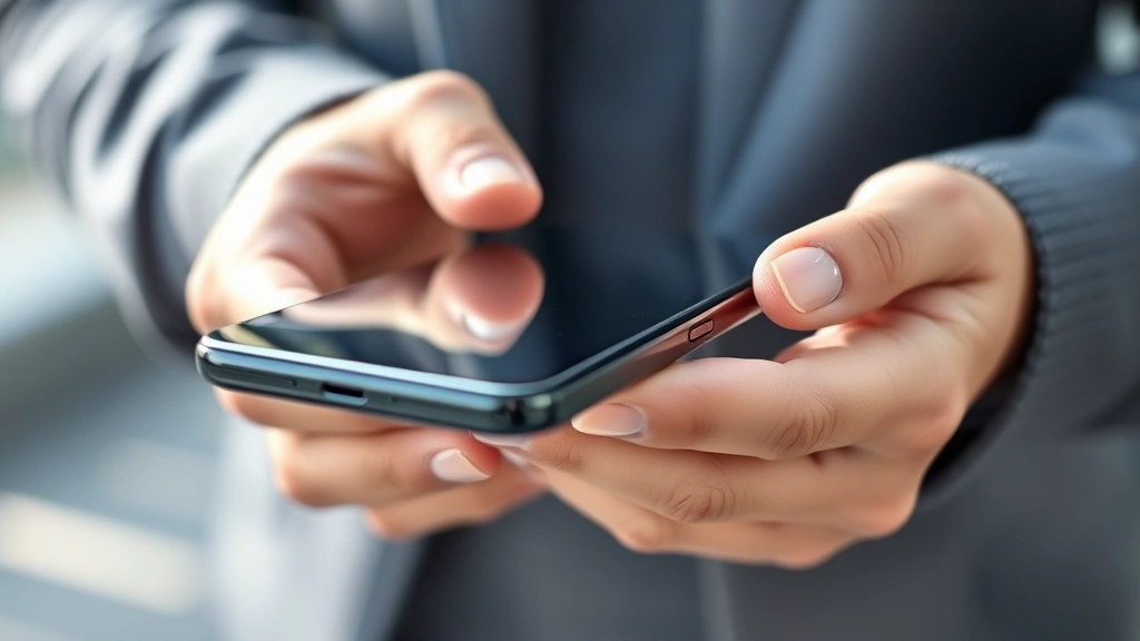 Close-up of hands holding a sleek modern smartphone with premium materials, showing button placement and build quality details, natural lighting, shallow depth of field