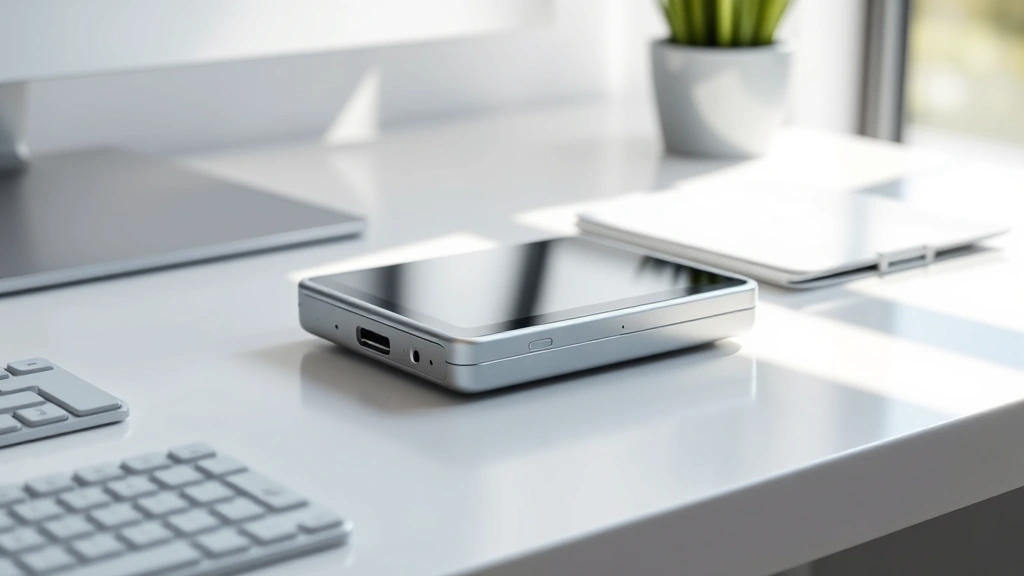 Modern tech gadget on minimalist white desk with natural daylight, sleek metallic finish catching light, sharp focus on device details and build quality