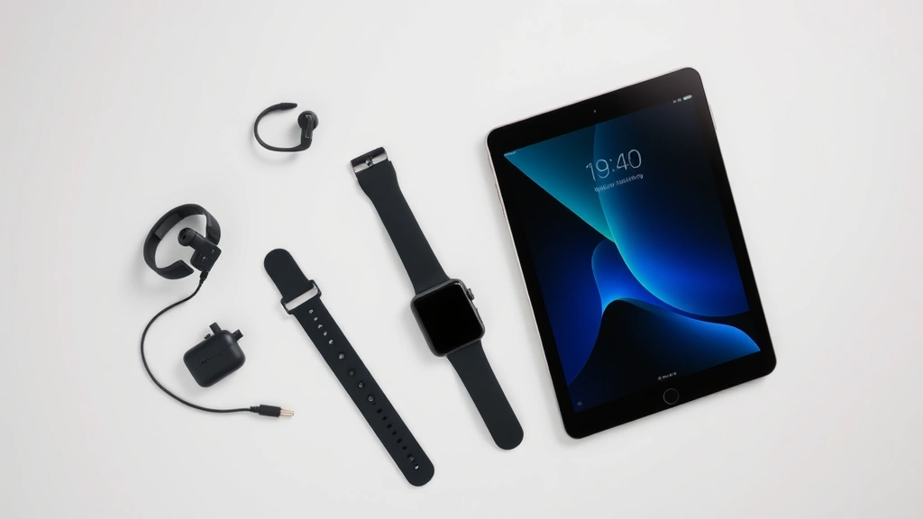 Flat lay arrangement of various tech gadgets including earbuds, smartwatch, tablet, and wireless charger on a neutral surface, minimalist composition, clean aesthetic