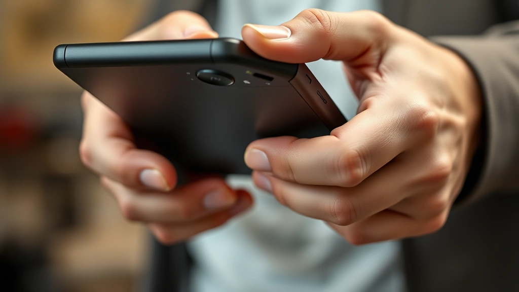 Close-up of hands holding latest technology device, showing ergonomic grip and premium materials, professional photography with shallow depth of field