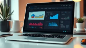 Close-up of a sleek laptop displaying productivity dashboard with charts and AI interface elements, modern minimalist desk setup, warm lighting