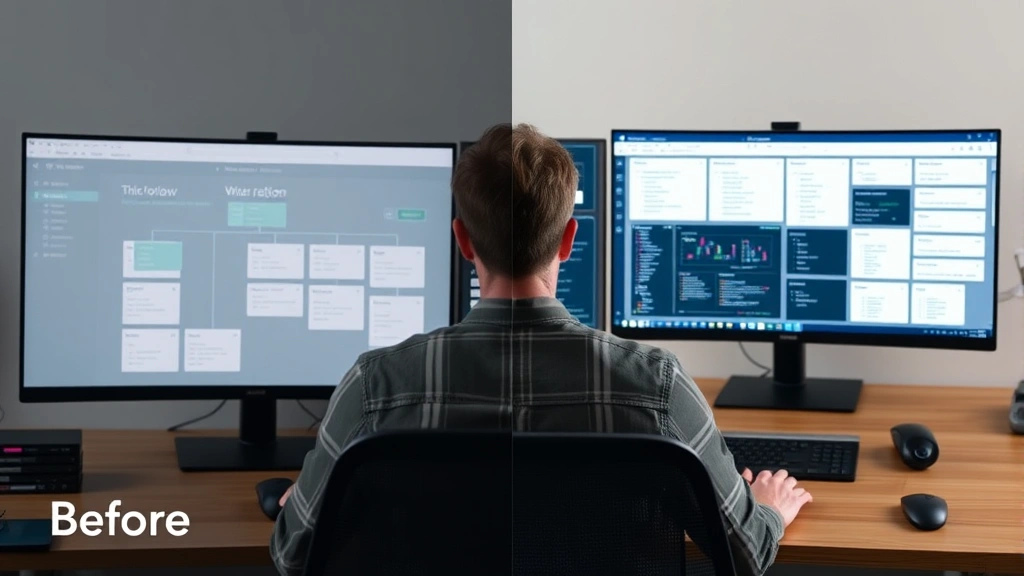 Split-screen showing before/after workflow comparison, person at desk with multiple monitors displaying organized project management interface