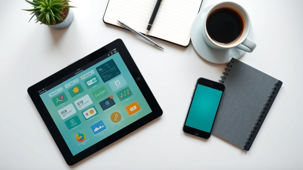Overhead shot of workspace with tablet, notebook, and smartphone showing synchronized productivity apps, natural daylight, professional but relaxed setting