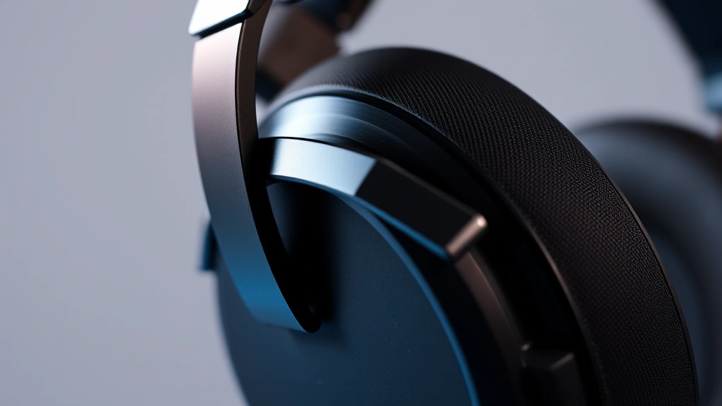 Close-up of premium gaming headset with metallic headband and memory foam ear cups, professional studio lighting, no visible text or branding
