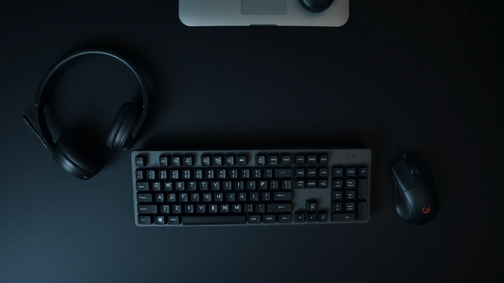 Overhead flat lay of gaming peripherals including headset, mechanical keyboard, and gaming mouse on dark desk surface, minimalist composition