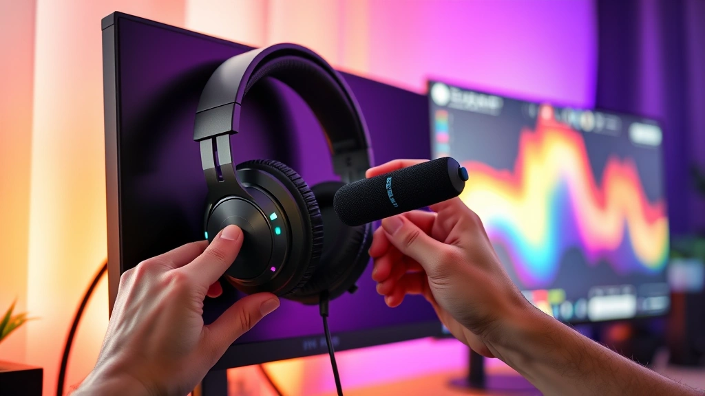 Gaming setup with headset on monitor stand, RGB lighting in background, hands adjusting headset boom microphone, natural warm lighting