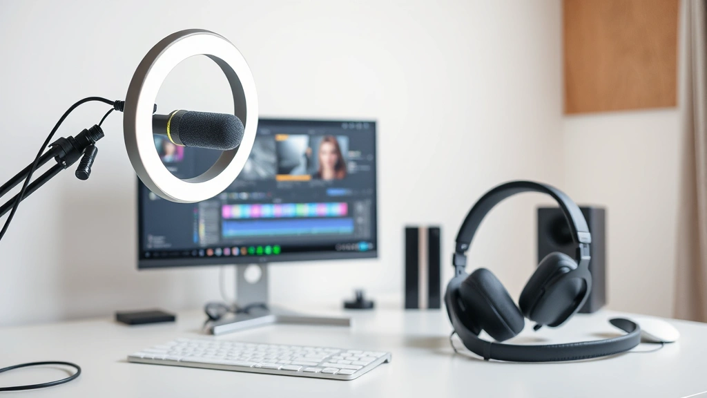 Content creator workspace with external microphone on boom arm, LED ring light, professional headphones, and monitor displaying editing software on clean desk