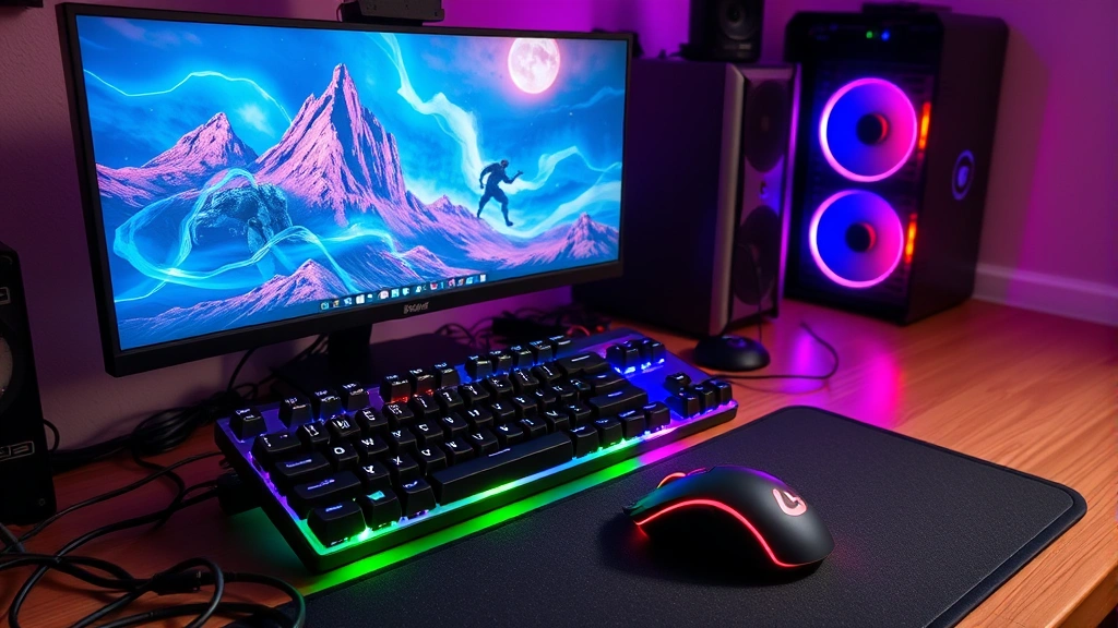 Gaming setup with high-refresh monitor displaying vibrant graphics, mechanical gaming keyboard illuminated with RGB lighting, and gaming mouse on mousepad with cables neatly organized