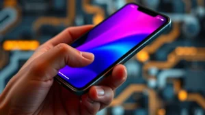 Close-up of modern smartphone display showing vibrant colors and sharp detail, hand holding device, minimalist tech background