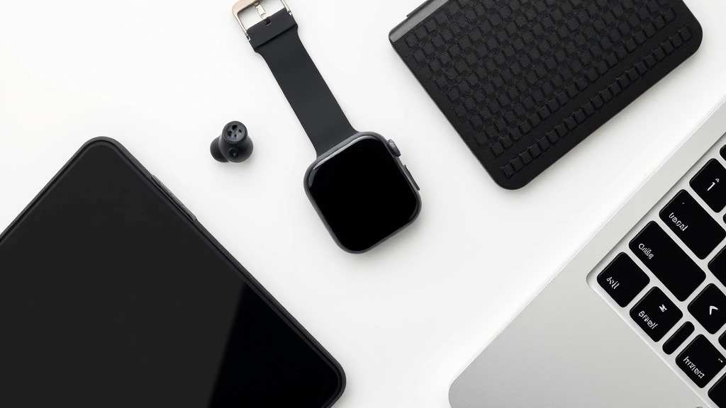 Flat lay arrangement of tech gadgets including wireless earbuds, smartwatch, and laptop keyboard on clean white surface