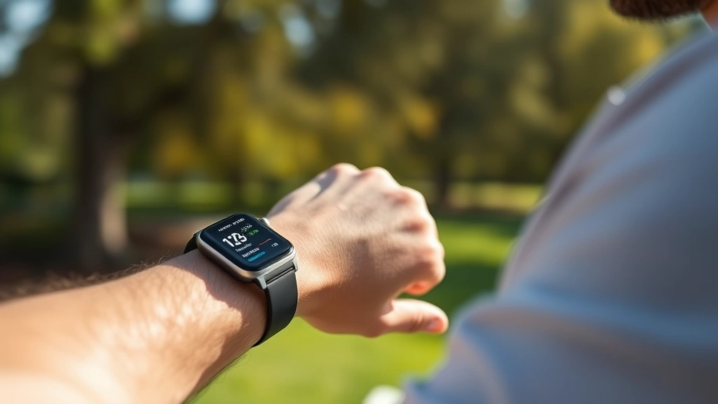 Person wearing smartwatch checking fitness data, natural daylight, focused on wrist device, lifestyle tech moment