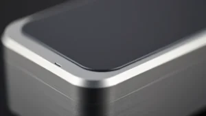 Close-up of sleek modern gadget showing premium materials, metallic finish, and precise engineering details, professional product photography