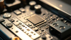 Close-up of premium tech gadget components and circuitry, metallic surfaces catching light, showing internal engineering detail and precision manufacturing