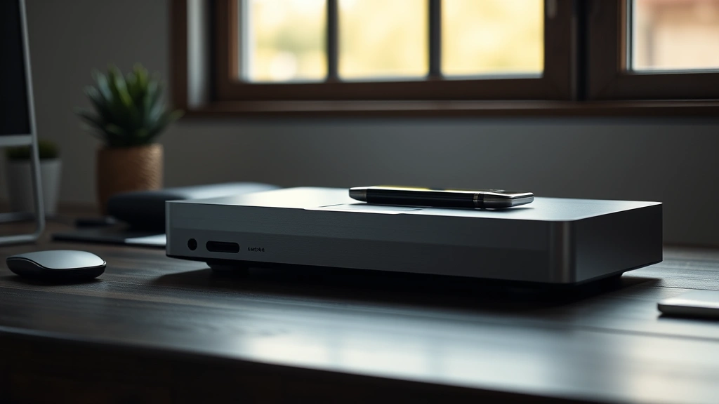 Premium tech device with metallic finish on dark wooden desk, soft natural window lighting, minimalist workspace aesthetic, professional product photography style