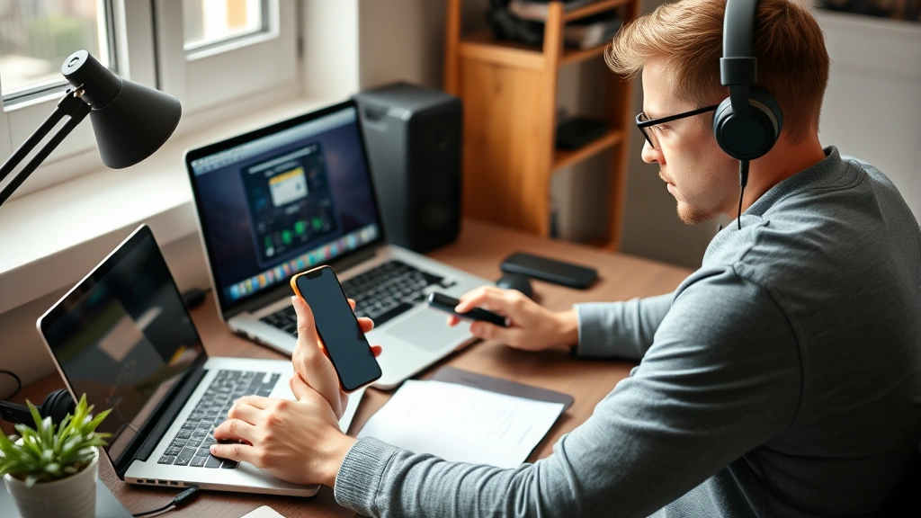 Person using various consumer electronics simultaneously on desk setup including smartphone, laptop, headphones, and smart device, natural daylight, focused expression