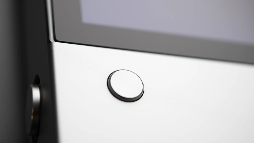 Close-up detail of device showing premium materials, button placement, and matte metallic finish with precise engineering visible, macro photography