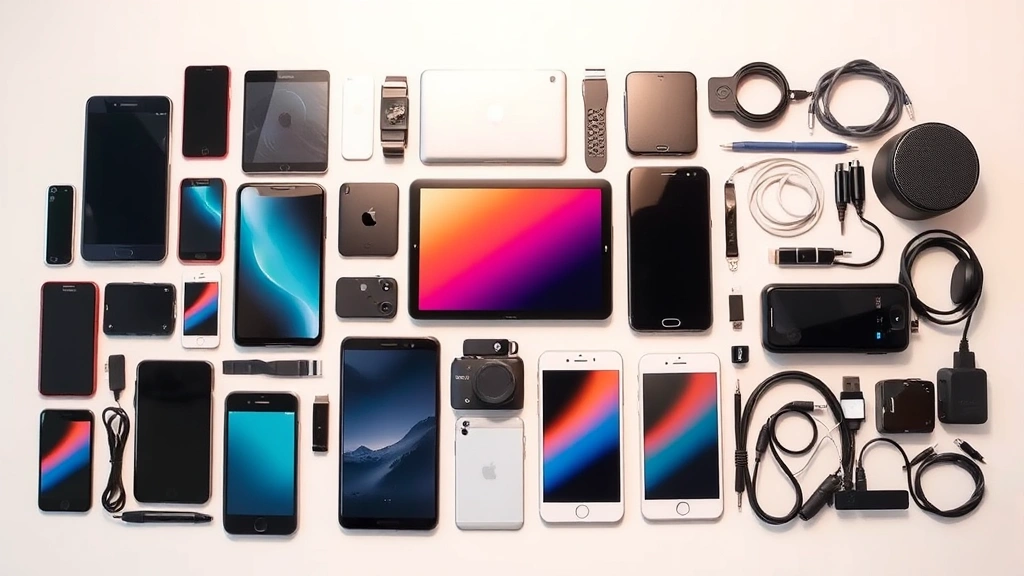 Array of different tech gadgets arranged artfully showing diversity of devices—phones, tablets, wearables, portable speakers, cables, all in neutral setting with warm lighting