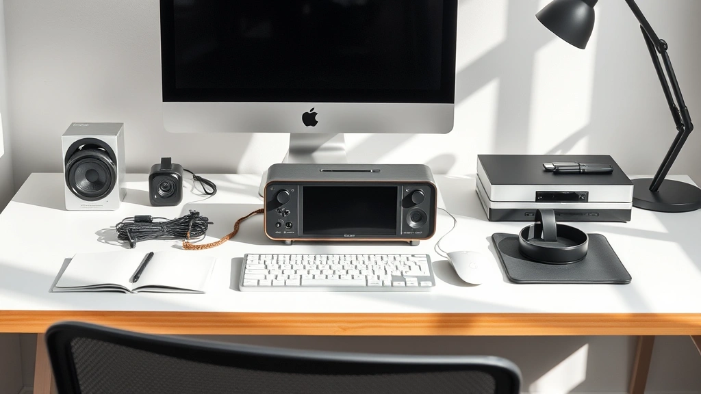 Device photographed in natural daylight on modern desk setup, surrounded by complementary tech accessories, clean minimalist environment, lifestyle photography