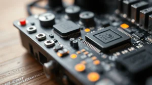 Close-up of high-tech gadget components with circuit boards, glowing LEDs, and premium metal materials, shallow depth of field, professional product photography