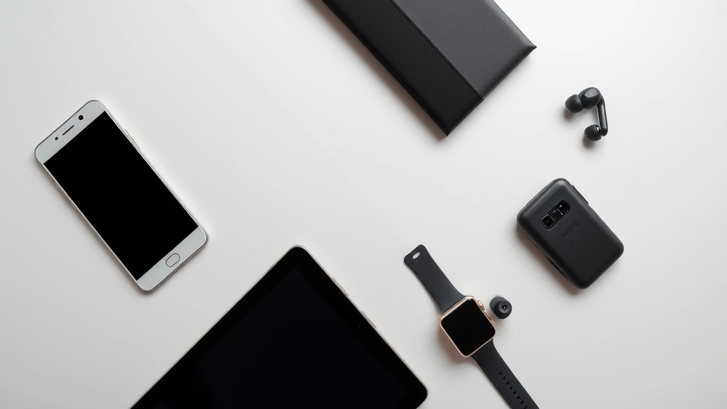 Flat lay of multiple consumer electronics including smartphone, tablet, smartwatch, and wireless earbuds arranged artfully on minimalist surface with soft lighting