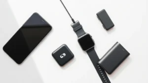 Flat lay of modern tech gadgets including smartphone, wireless earbuds, smartwatch, and portable charger arranged on minimalist white surface with soft natural lighting