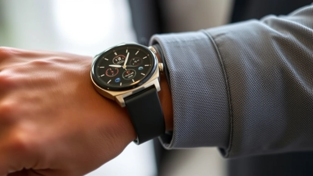 Close-up of person's wrist wearing premium smartwatch with detailed display visible, hand gesture suggesting interaction with tech device