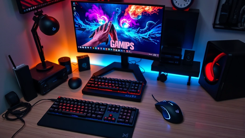 Organized desk setup with gaming peripherals, mechanical keyboard, gaming mouse, and high-refresh-rate monitor displaying colorful graphics, professional lighting