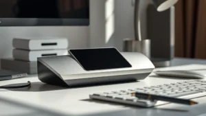Modern tech gadget on minimalist desk with soft natural lighting, showing metallic finish and premium materials, clean composition