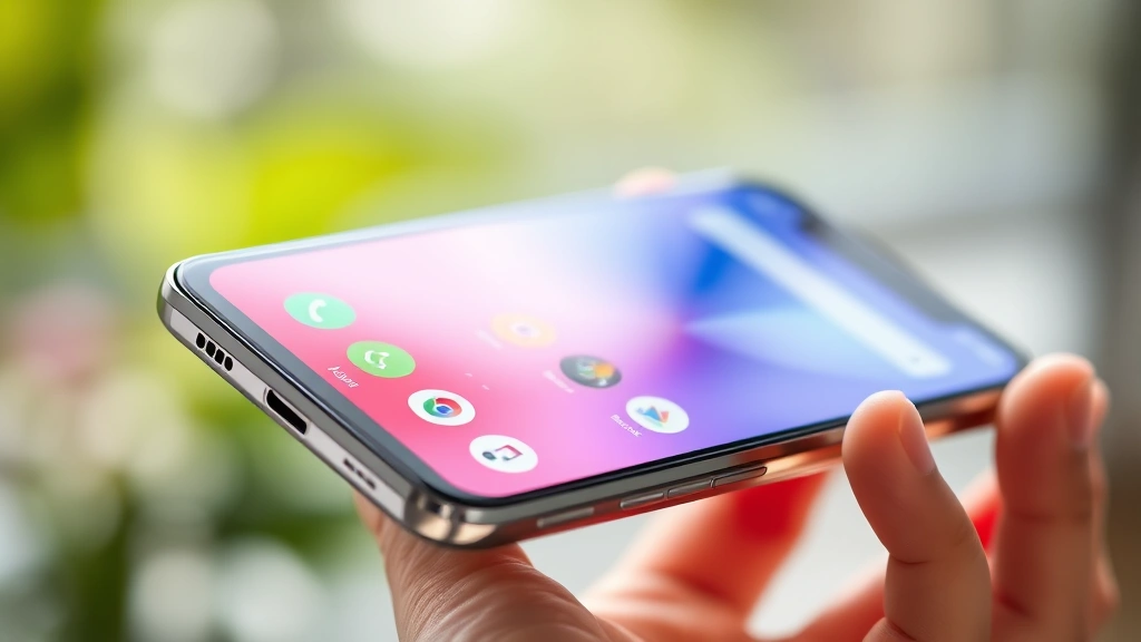 High-end flagship smartphone displaying vibrant home screen with notification icons, sleek metal frame and glass back, held at an angle showing depth and premium materials in natural daylight