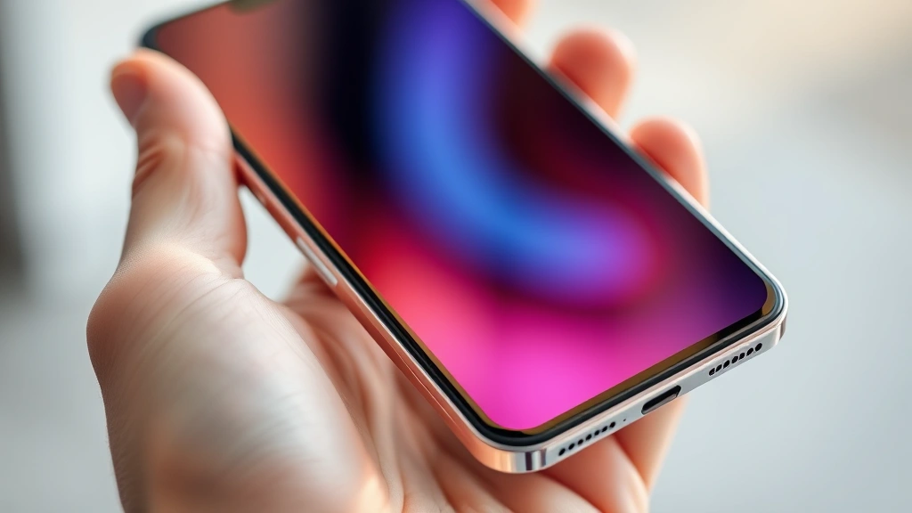Close-up of premium smartphone in hand showing sleek metal frame and vibrant OLED display reflecting light, professional product photography style