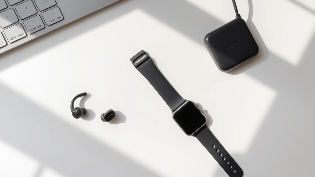 Overhead flat lay of modern tech gadgets including wireless earbuds, smartwatch, and portable charger arranged on minimalist desk surface with natural shadows