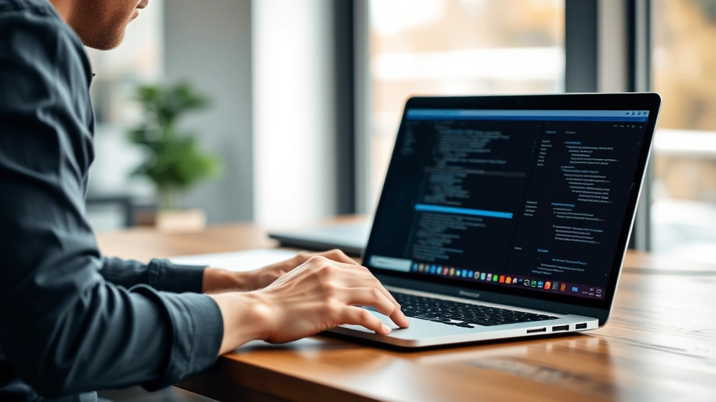 Person using high-end laptop at wooden desk with focused concentration, showing real-world computing scenario with natural window lighting and blur background