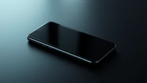 Premium smartphone with curved display on sleek black background, modern minimalist lighting, shallow depth of field