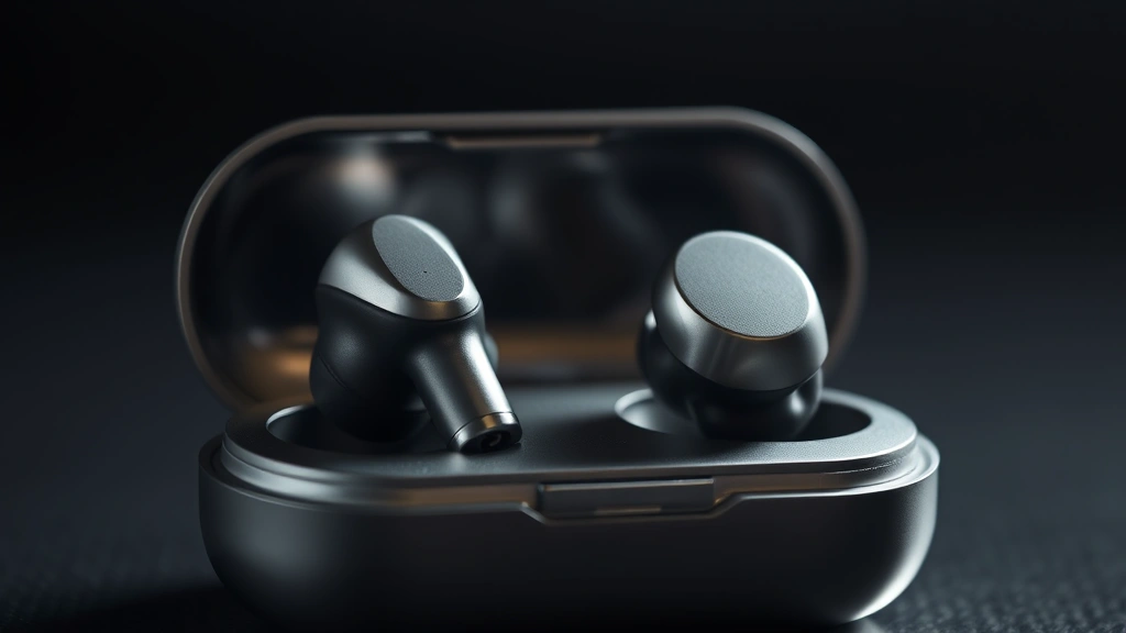 Wireless earbuds in metallic case with soft studio lighting, close-up detail shot showing craftsmanship and design
