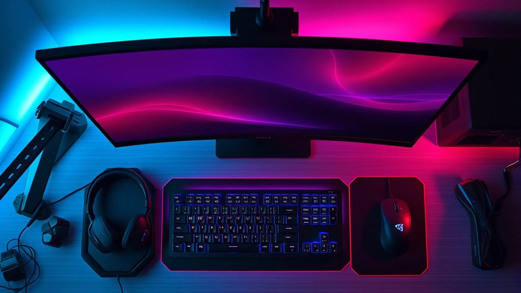 Gaming setup overhead view: high refresh rate monitor, mechanical keyboard, gaming mouse, and headset arranged on desk with RGB ambient lighting