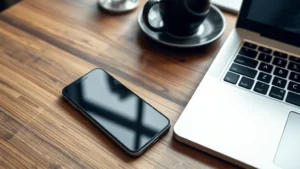 Close-up of smartphone and laptop on wooden desk with coffee cup, bright natural lighting, showing sleek modern tech devices