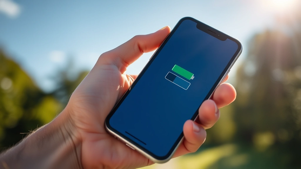 Person holding smartphone outdoors with battery indicator visible on screen, sunny day, tech lifestyle photography
