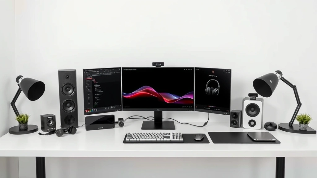 Minimalist tech workspace with multiple gadgets arranged neatly, clean modern aesthetic, professional tech setup