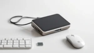 High-end tech gadget on minimalist white desk, professional product photography, sharp focus, premium materials visible