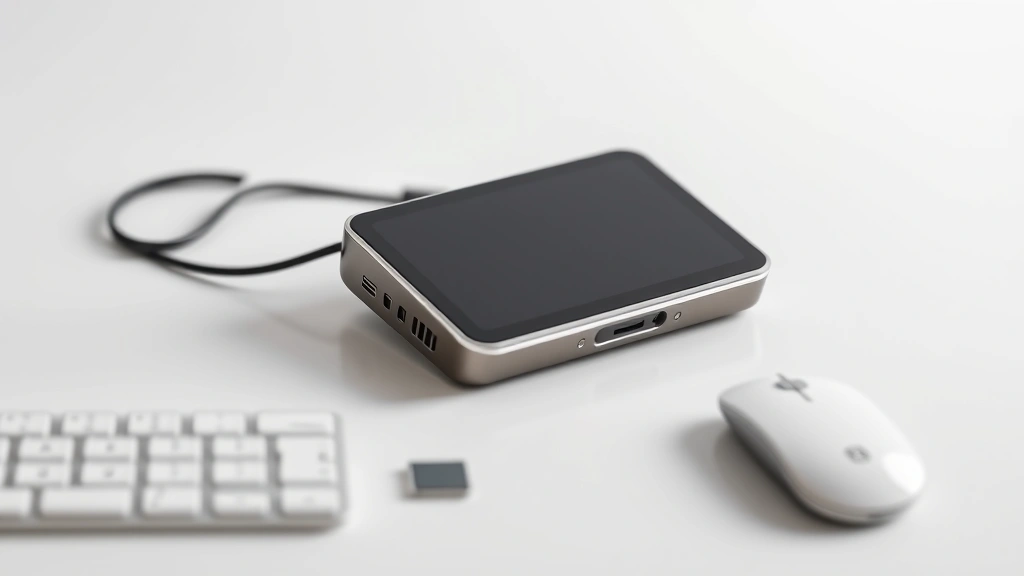 High-end tech gadget on minimalist white desk, professional product photography, sharp focus, premium materials visible