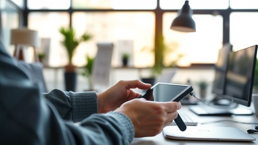 Tech gadget being used in professional workspace environment, natural lighting, showing real-world application context