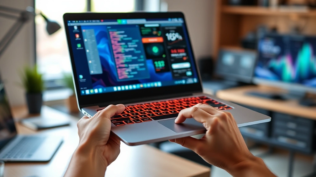 Hands holding a sleek laptop with illuminated keyboard, showing portability and modern design in natural lighting with blurred tech workspace background