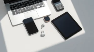 Modern tech gadgets arranged on a minimalist workspace—laptop, smartphone, tablet, wireless earbuds, smartwatch—in natural daylight with clean shadows